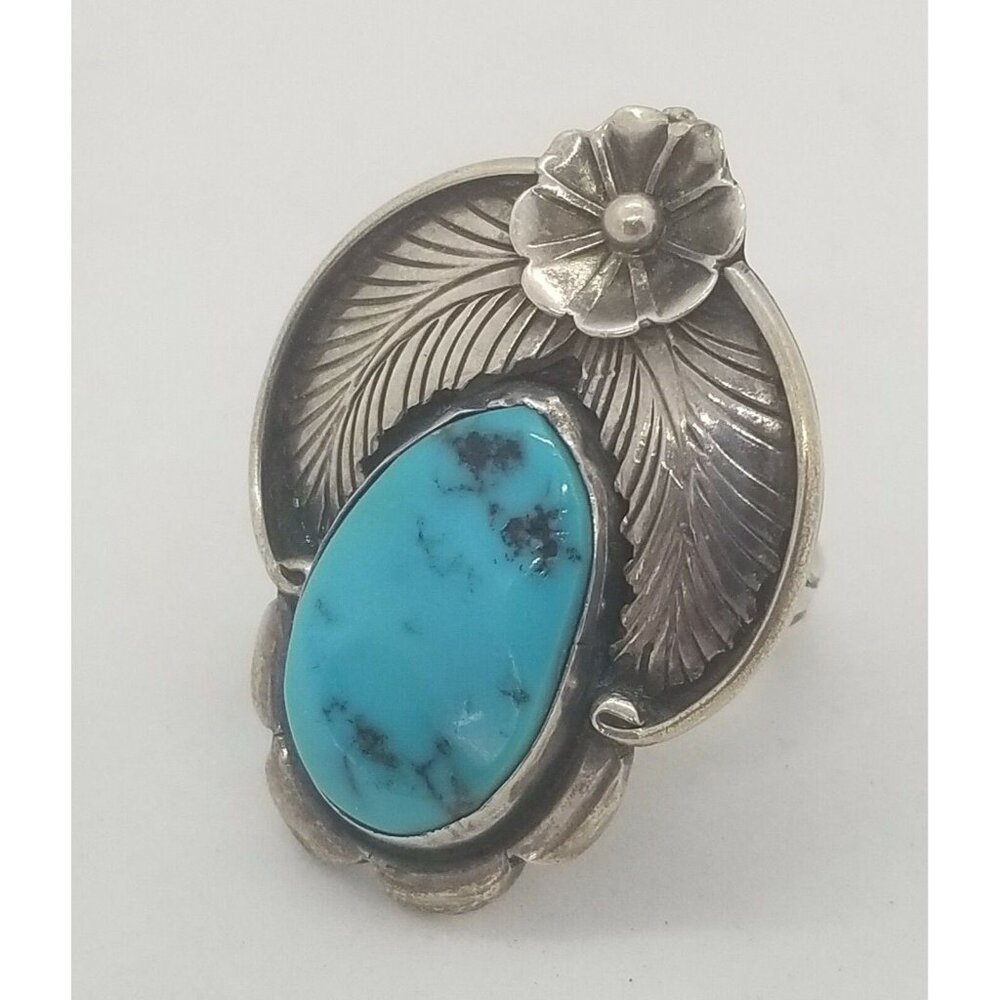 Sterling Silver Turquoise Stone Navajo Inspired Ring Feathers Flower